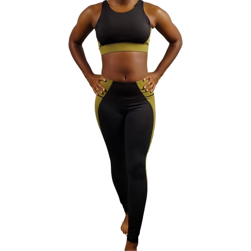 NWT Olive/Black Colorblock Sports Bra + Leggings